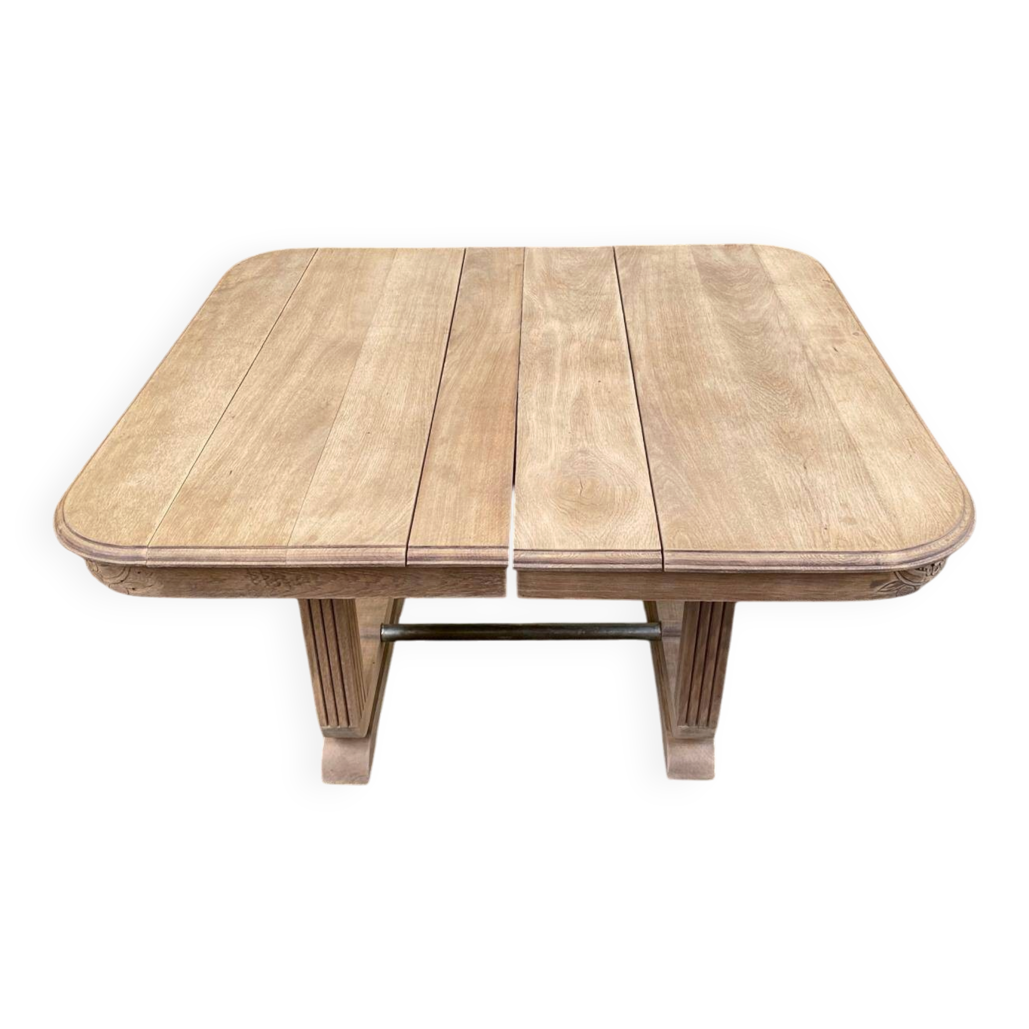 Rectangular Art Deco dining table with a central pedestal, stripped in solid oak.