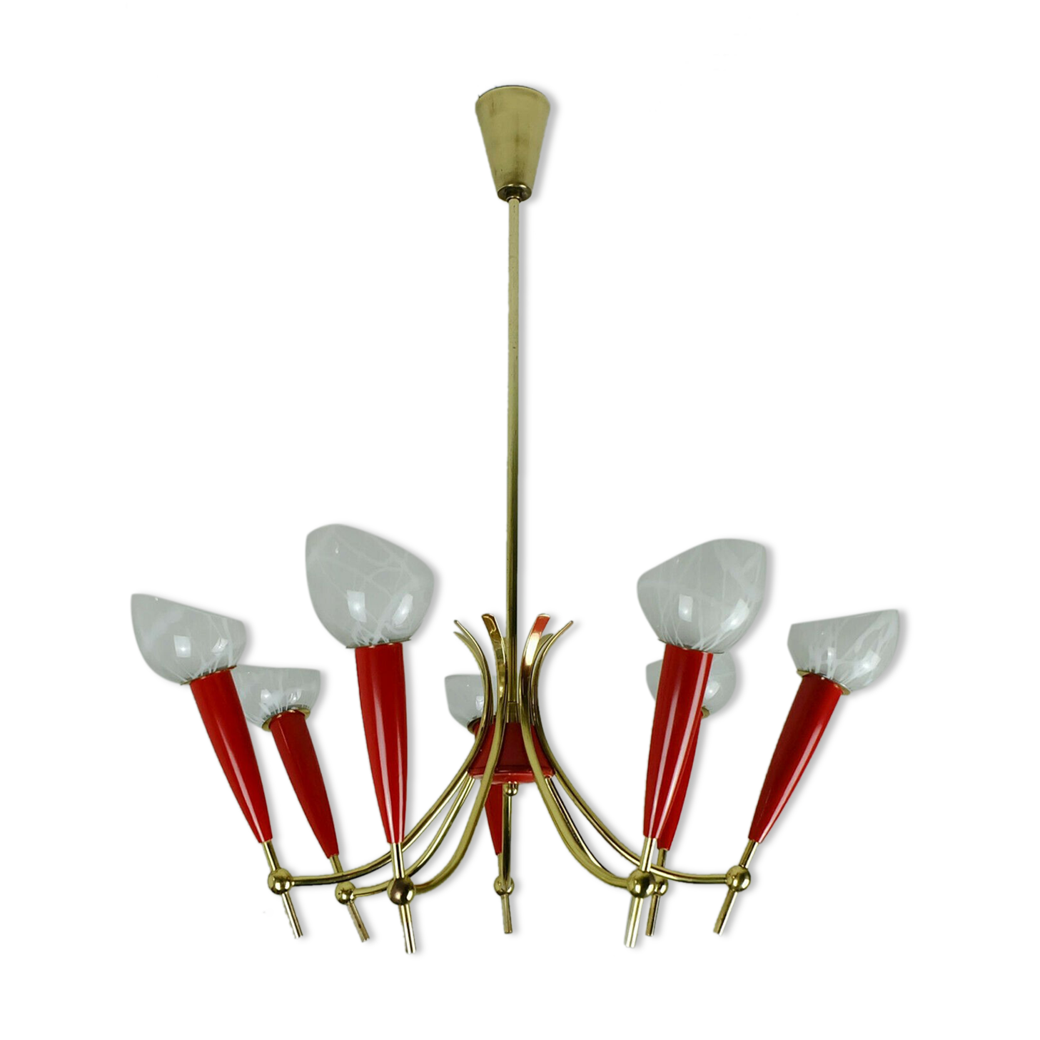 1950s mid century pendant light brass red plastic 7 glass shades