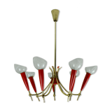 1950s mid century pendant light brass red plastic 7 glass shades