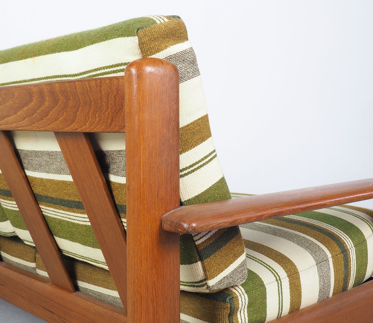 Danish design teak sofa with green striped cushions, 1960's