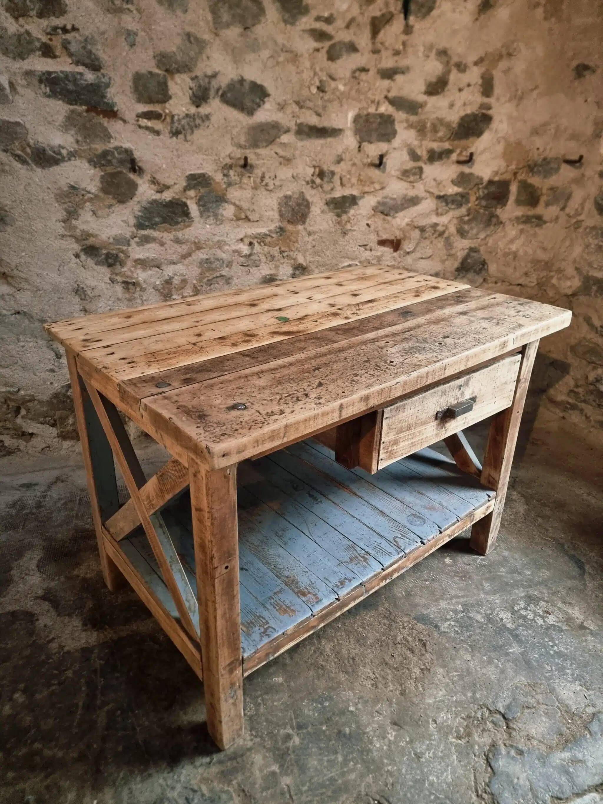 Vintage French industrial workbench – 1920s/1930s oak and pine table with drawer