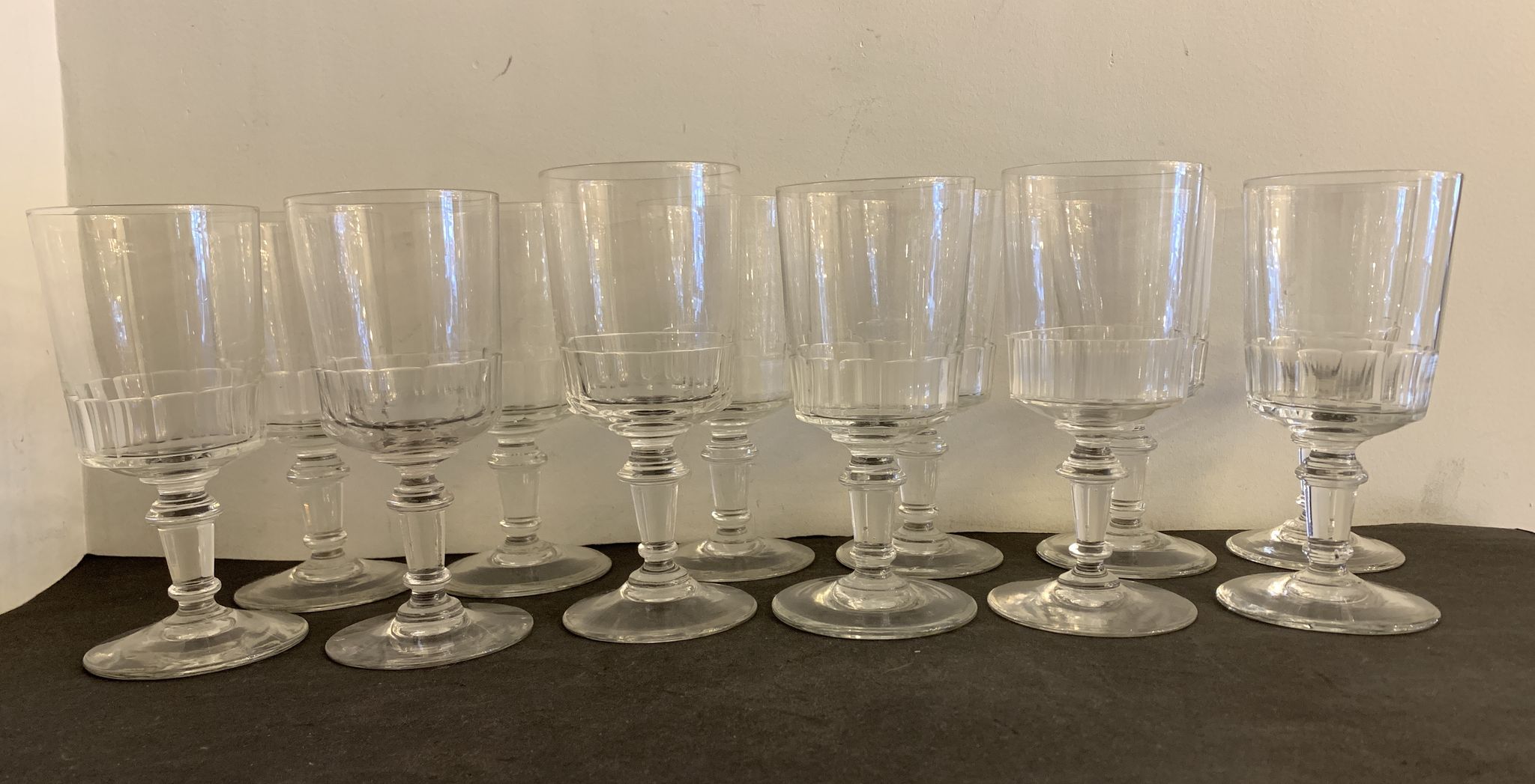 12 antique blown stemmed glasses, Mirabeau model of Baccarat