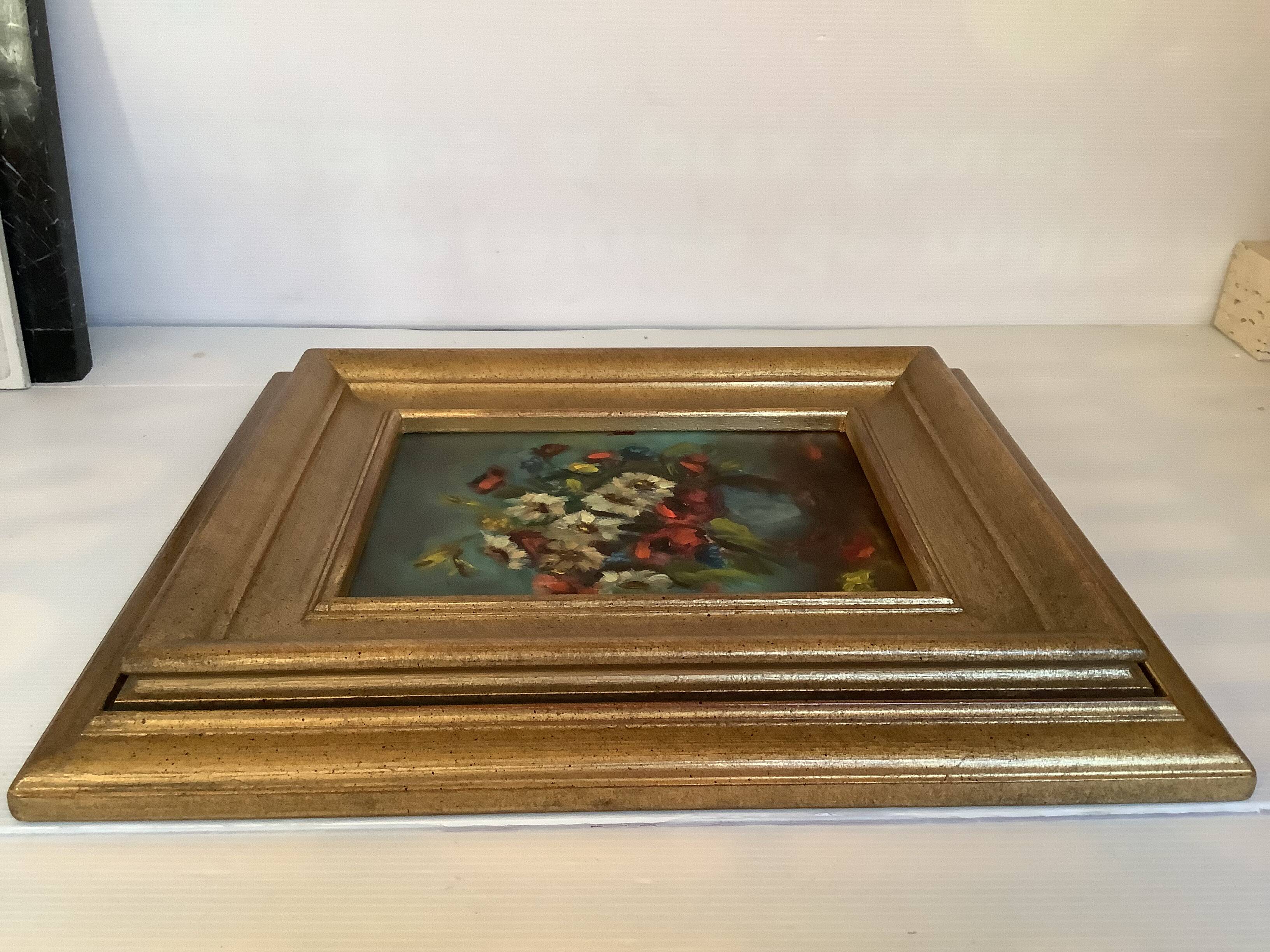 Still life of a bouquet of flowers, oil on cardboard.