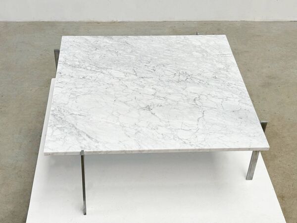 Ancienne table basse PK61 de Poul Kjaerholm EKC Danemark 1956 avec plateau en marbre de Carrare