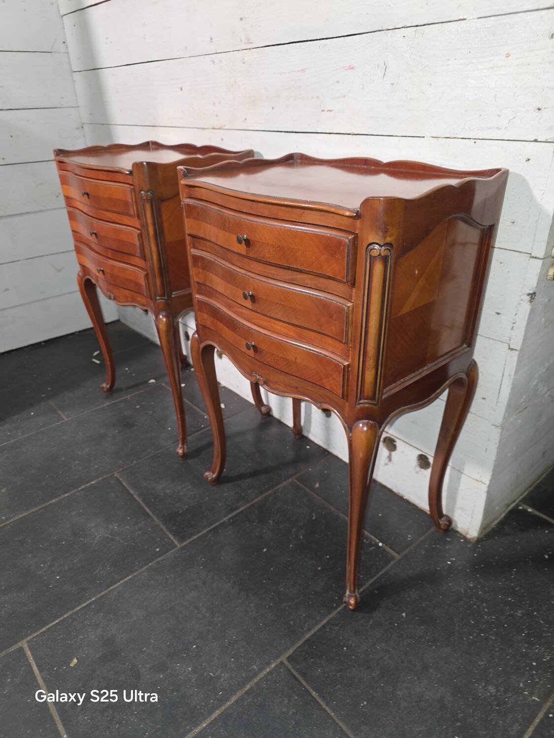 Pair of Louis XV style bedside tables in cherry wood marquetry.