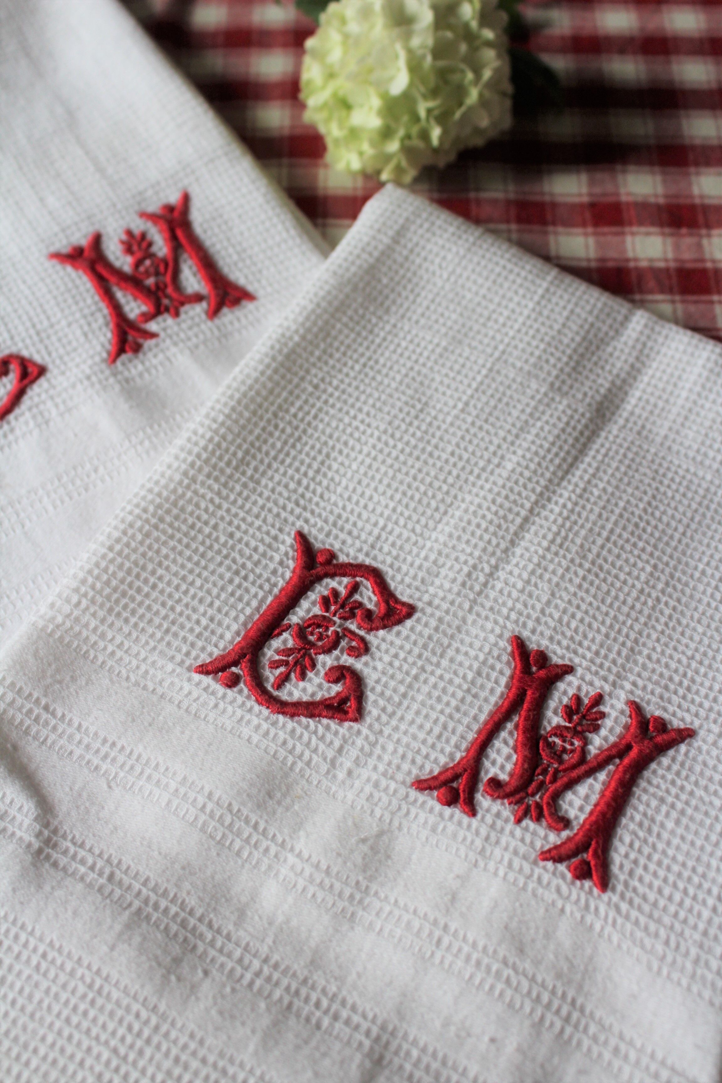 Lot 2 towel towels white honeycomb fringes monograms red E B