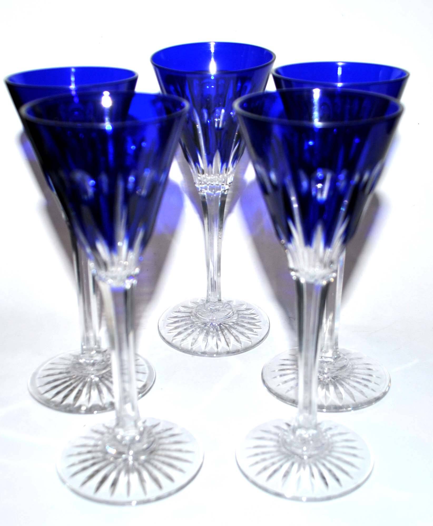 Set of 5 Roemers Nelly glasses in cut crystal from Saint-Louis, cobalt blue color, 1930
