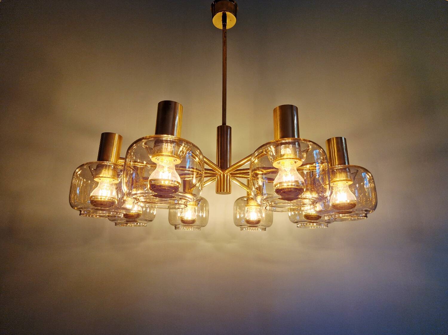Large designer chandelier in brass and smoked glass globes, 1970s