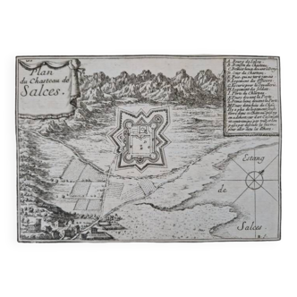 Gravure sur cuivre XVIIème siècle "Plan du Chasteau de Salces" Par Sébastien de Pontault de Beaulieu