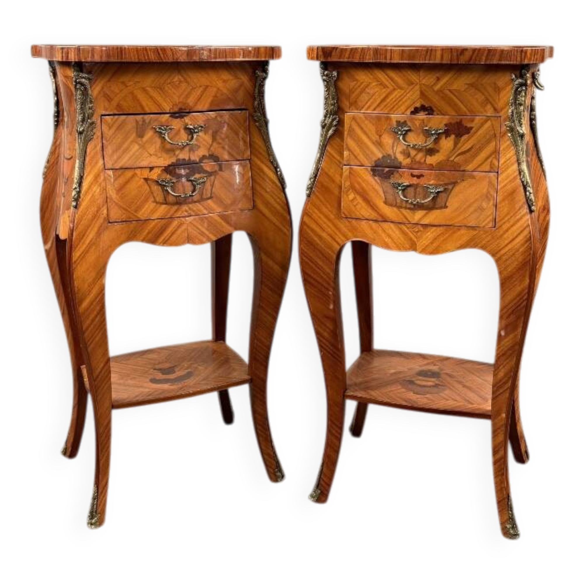 Pair of bedside tables in marquetry in the Louis XV style, 20th century.