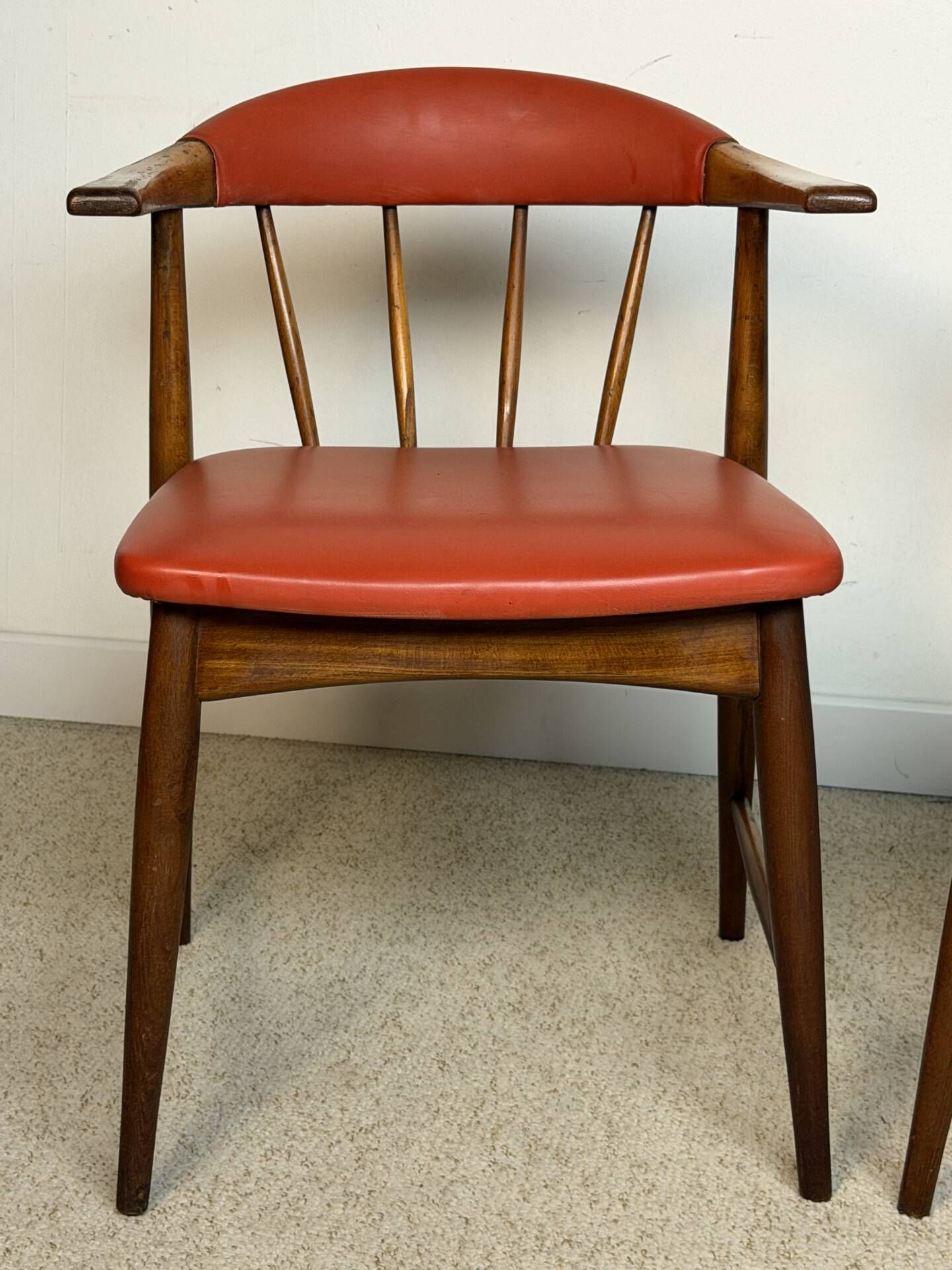 Pair of Scandinavian armchairs in teak and red faux leather – 1960s