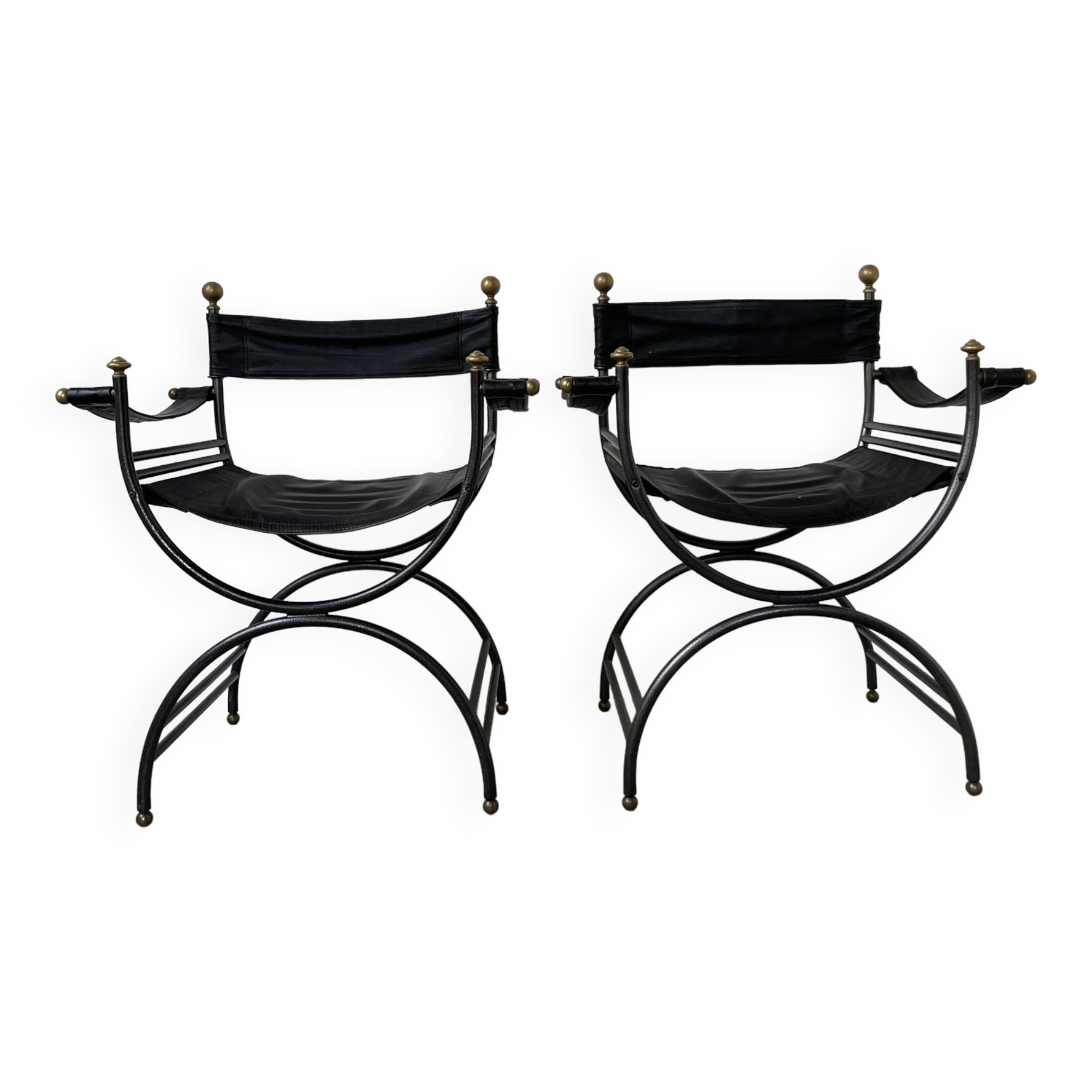 Pair of leather “curule” emperor armchairs