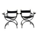 Pair of leather “curule” emperor armchairs