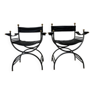 Pair of leather “curule” emperor armchairs
