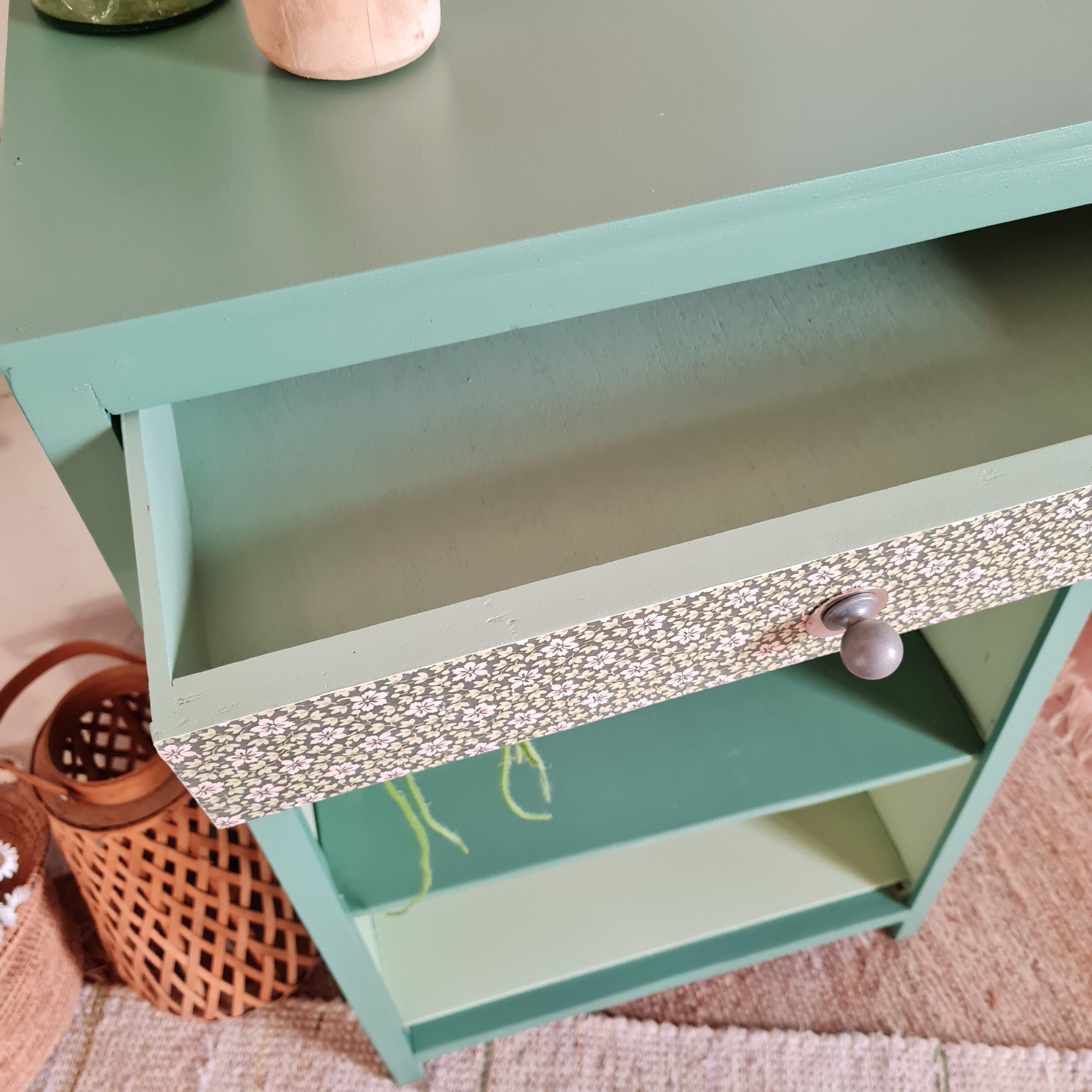 Renovated library shelf green color and floral atmosphere