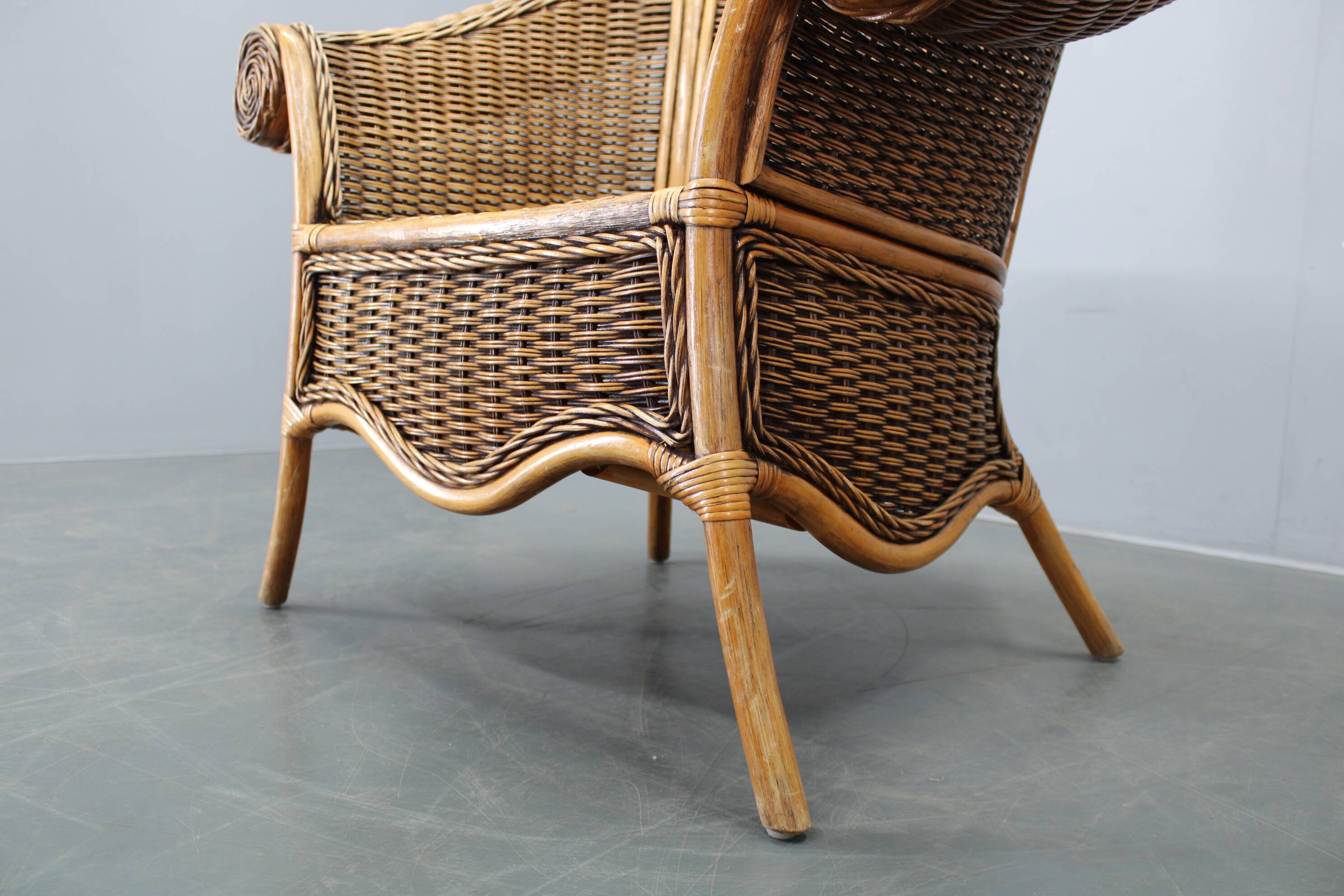 Vintage organic rattan armchair and round coffee table set, 1980s-1990s