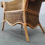Vintage organic rattan armchair and round coffee table set, 1980s-1990s