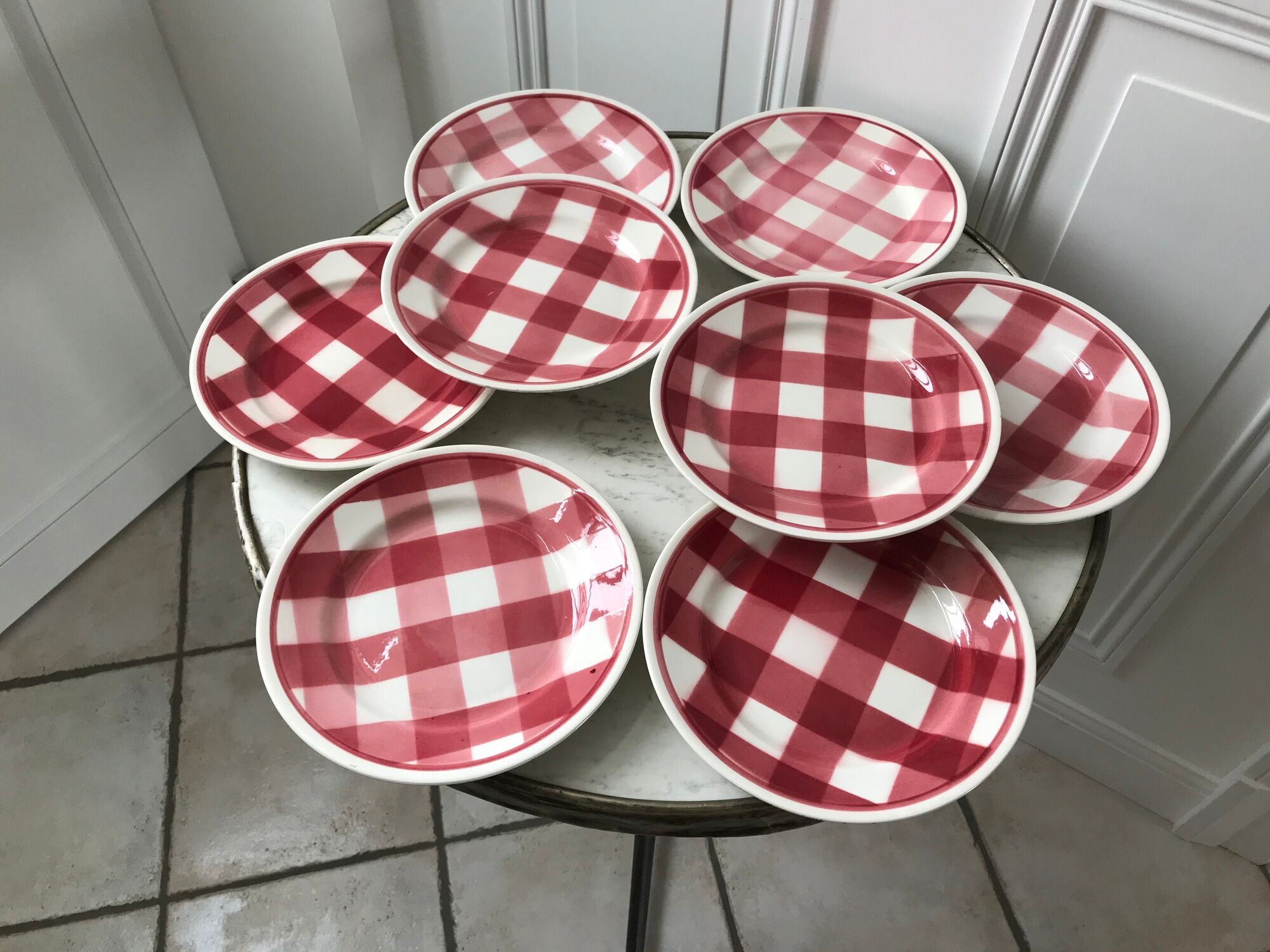 Set of 8 dessert plates fb badonviller pink gingham model 40s