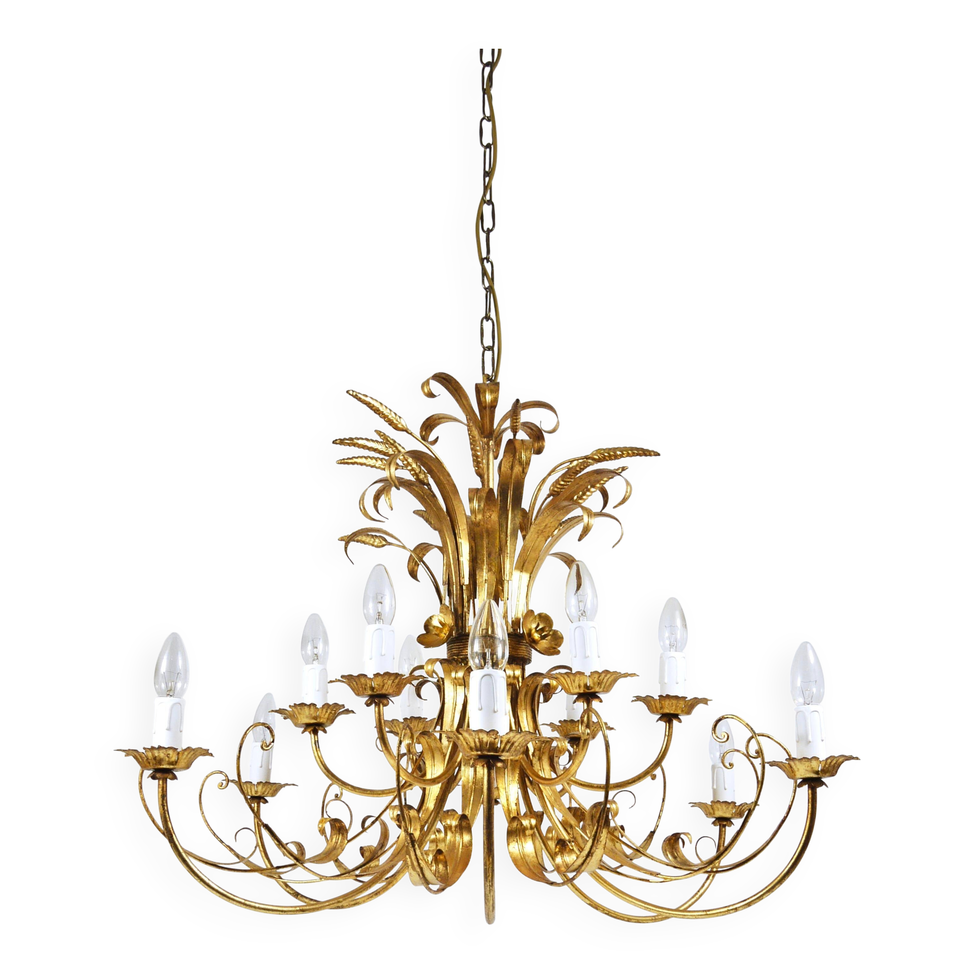 Hans Kögl XL Hollywood Regency golden wheat floral bouquet in iron, 1970s