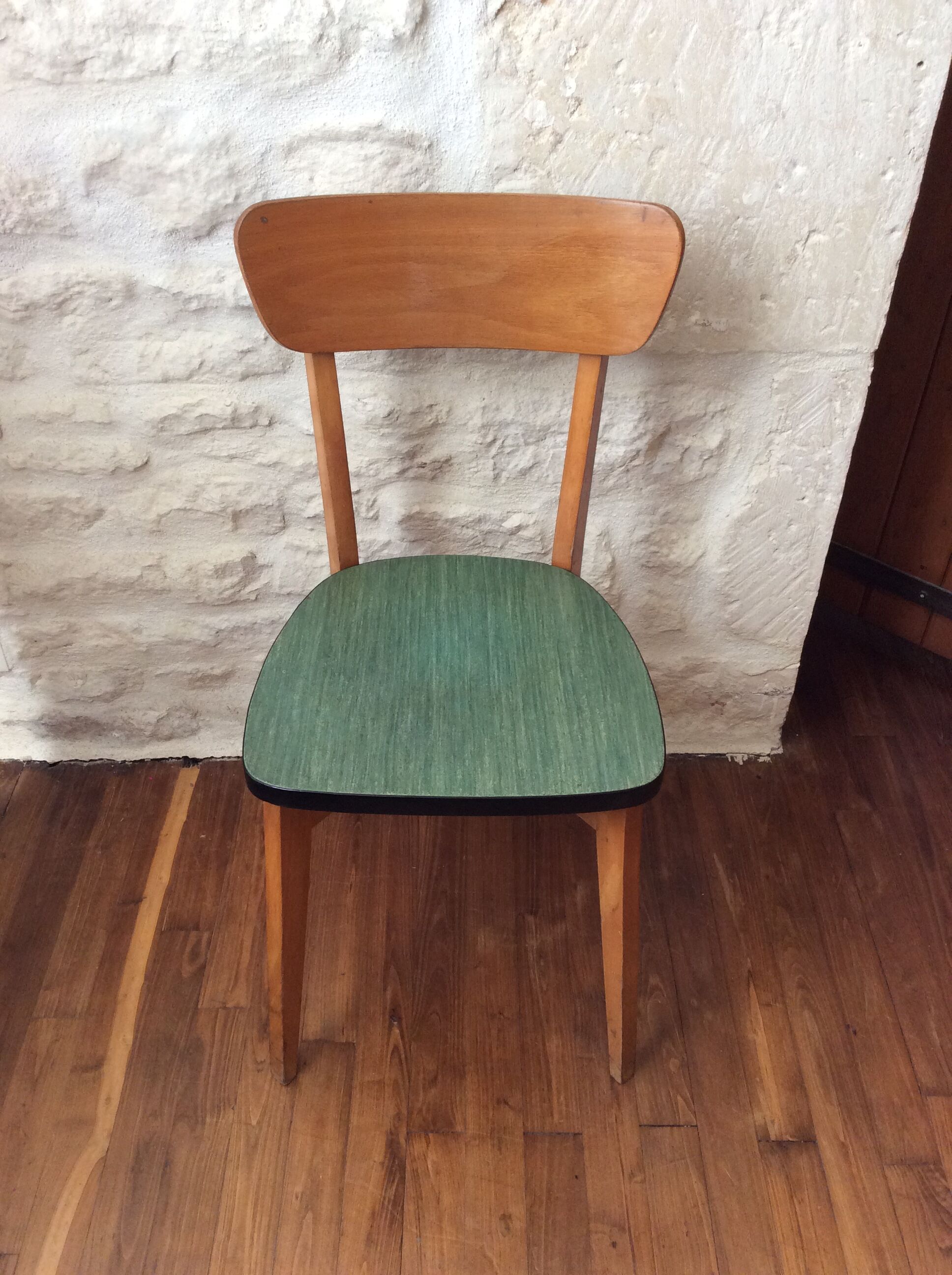 Set of 6 chairs in wood and green leatherette, 1960's