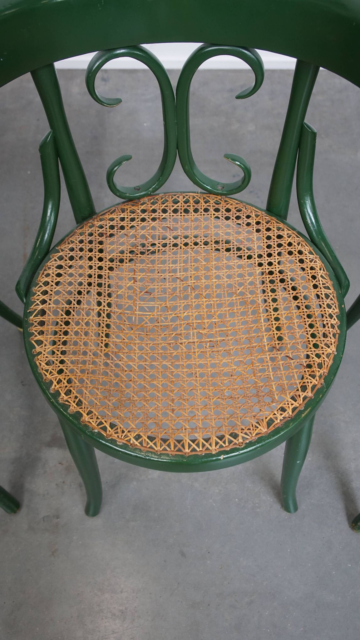 Set of 4 Green Vintage Bistro Chairs with Woven Rattan Seats