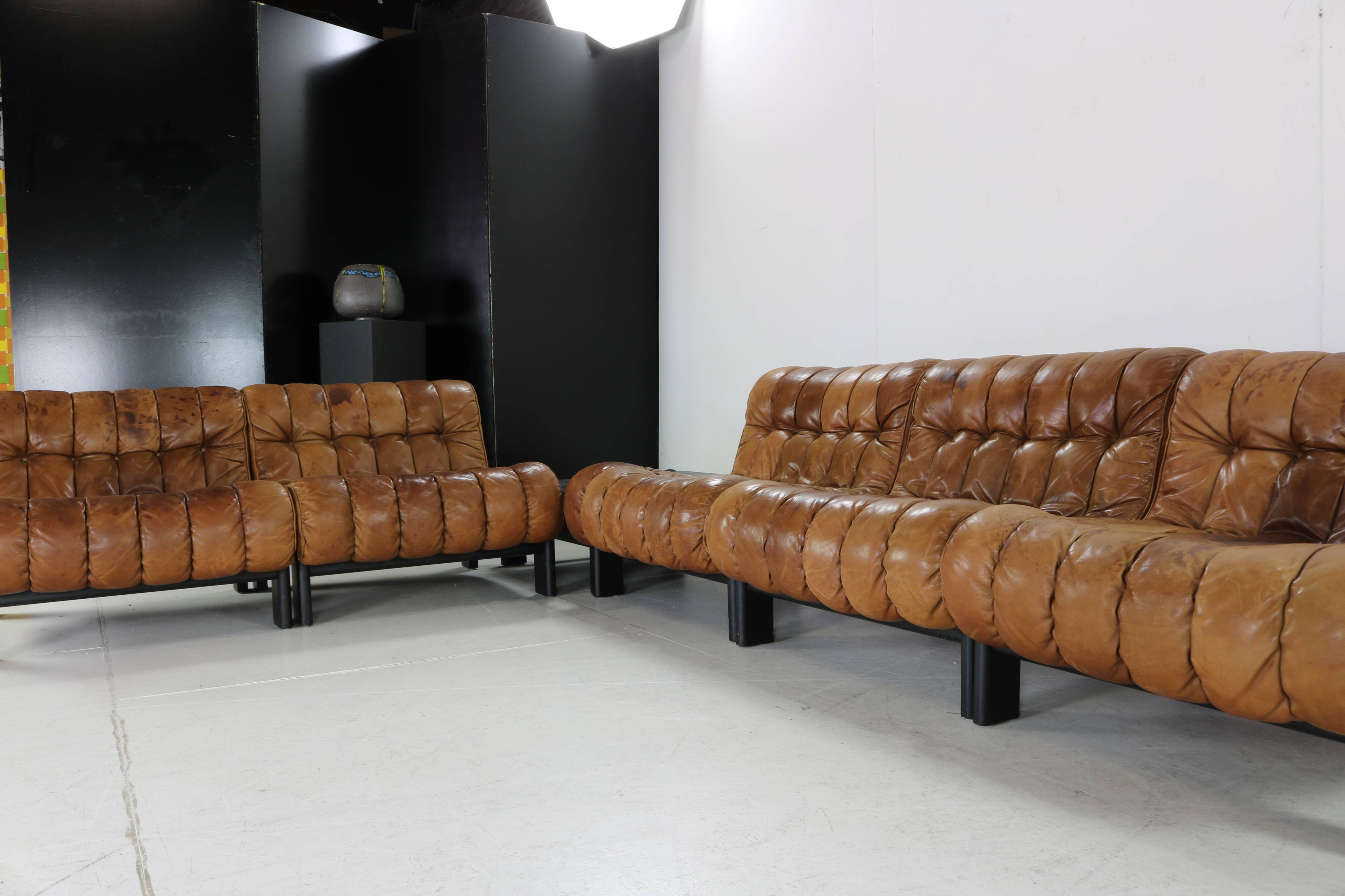 70s living room set in cognac brown leather with black wenge wood frame