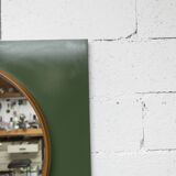 Unusual round wall mirror 60 cm teak edge on green rectangular board 1960.