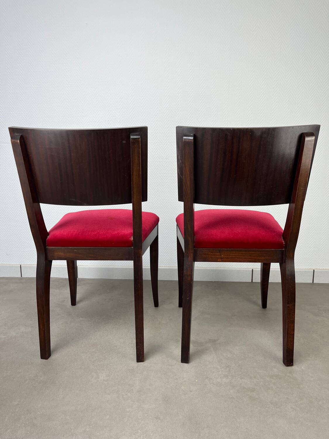 2 Art Deco chairs, red velvet and rosewood.