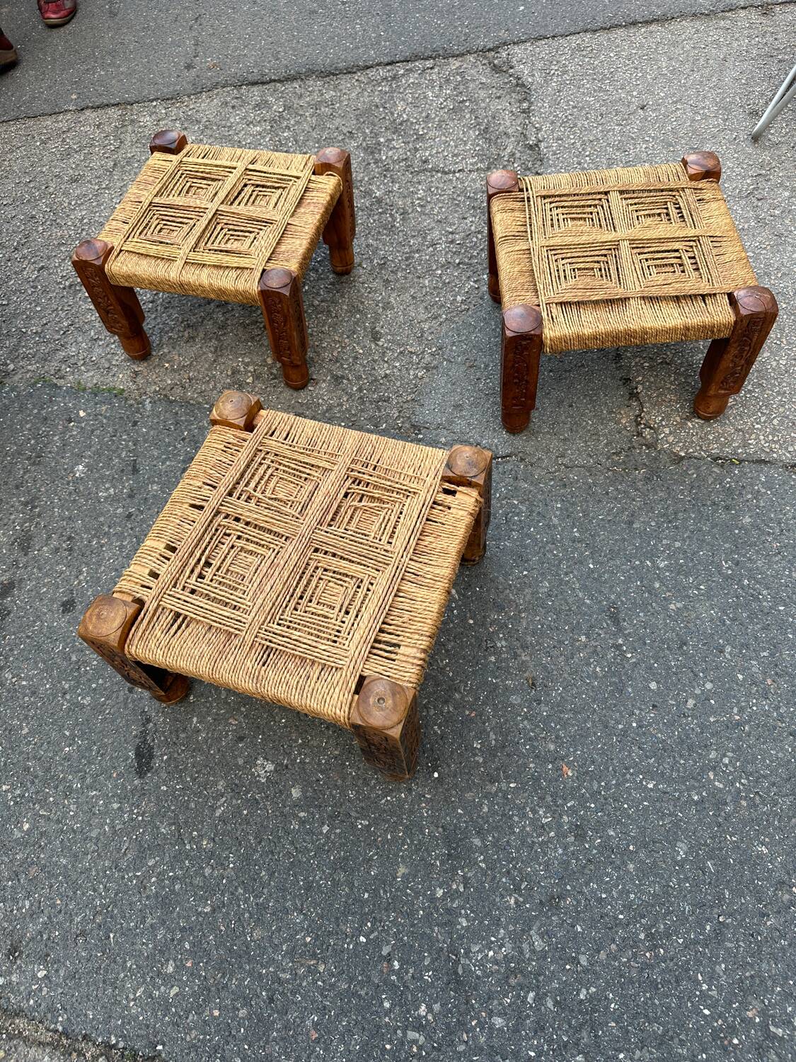 3 Indian wooden and rope stools