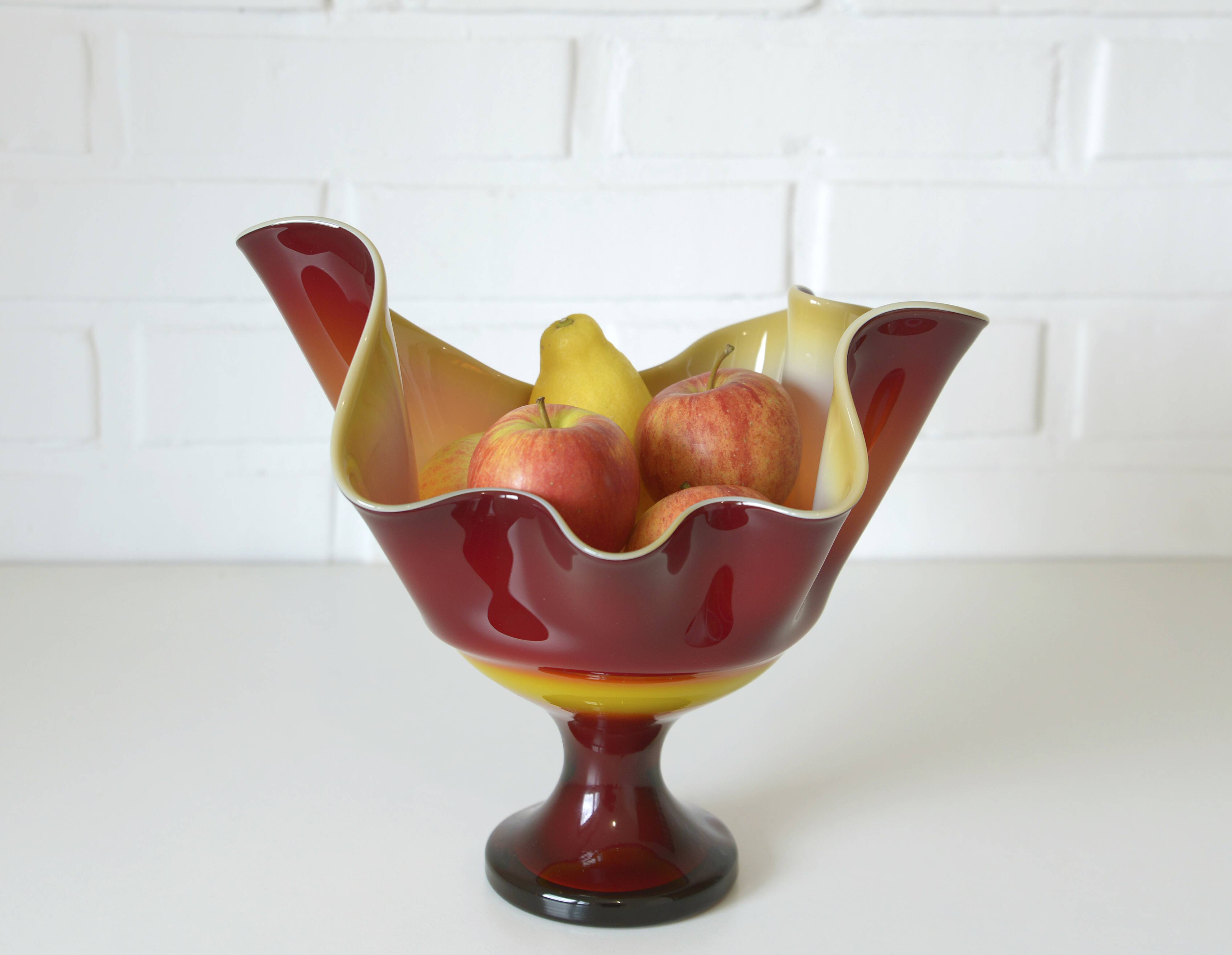 Vintage Swung Vase  Fruit Bowl Retro Red Blown Glass  Handmade Table Decor