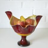 Vintage Swung Vase  Fruit Bowl Retro Red Blown Glass  Handmade Table Decor