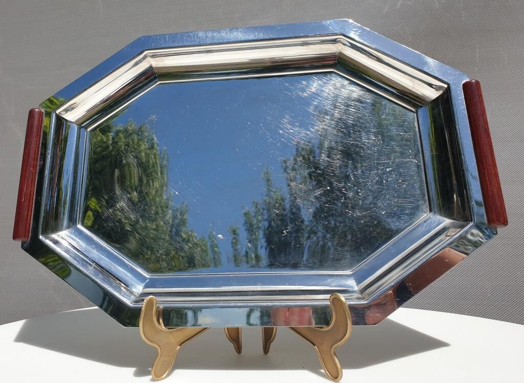 Service tray Art Deco style Jean Couzon vintage wooden handles