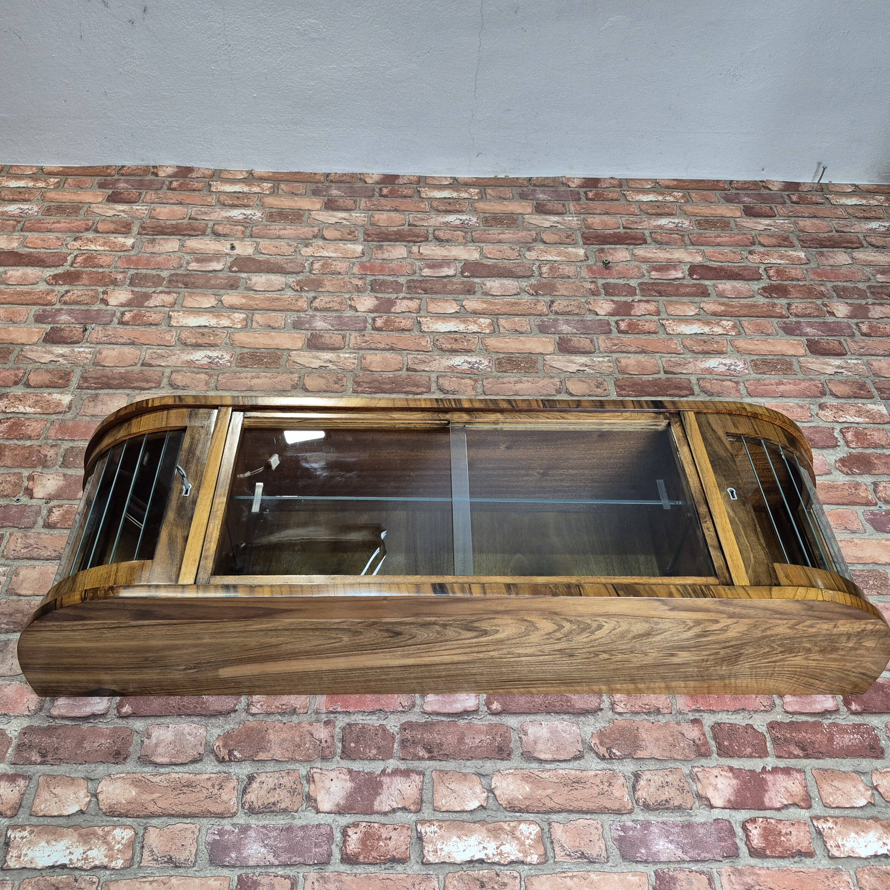 Rare 3-Zone Art Deco Walnut Wall Display Cabinet with Slatted Glass Doors