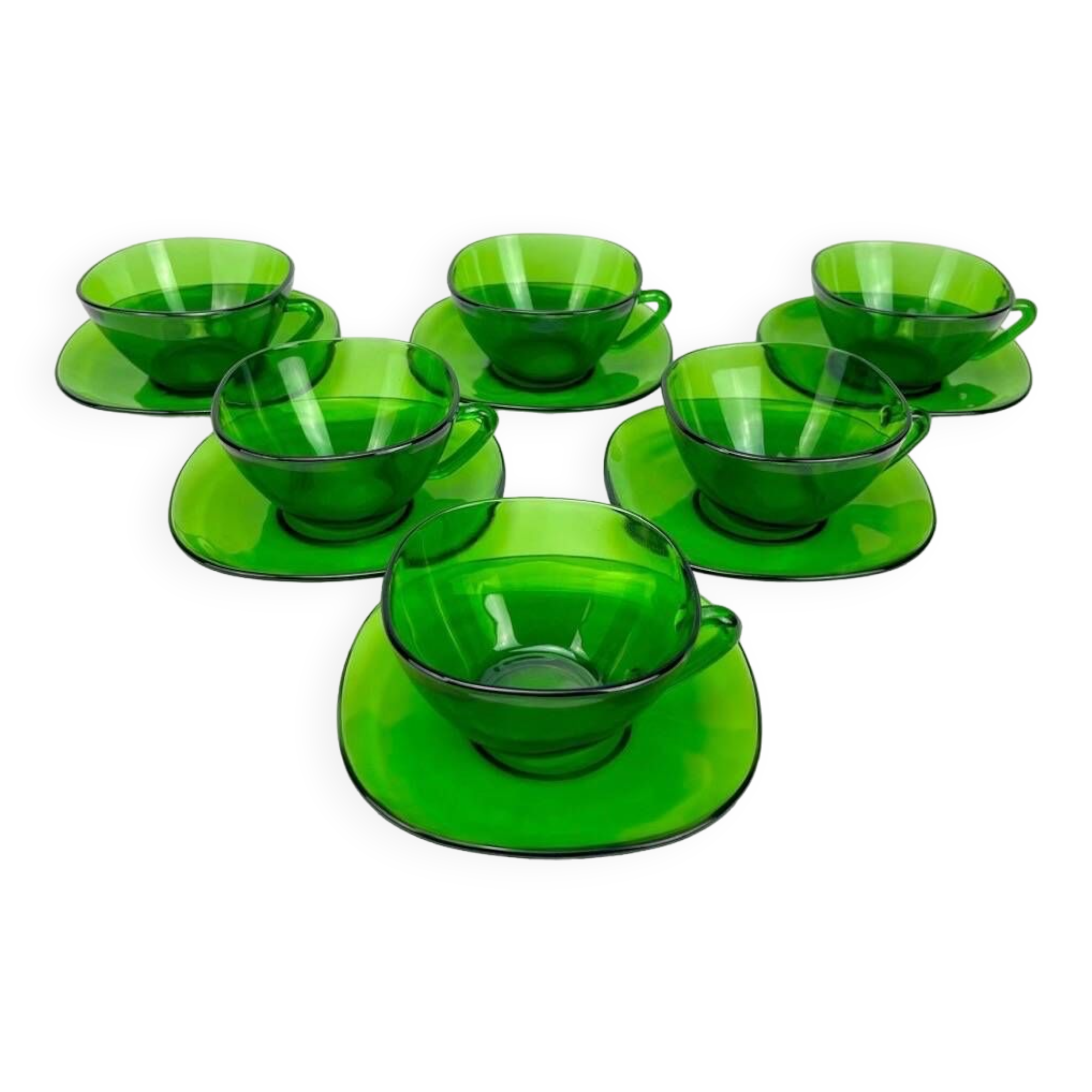 6 Large Vereco cups and saucers emerald green 70s