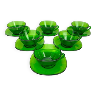 6 Large Vereco cups and saucers emerald green 70s