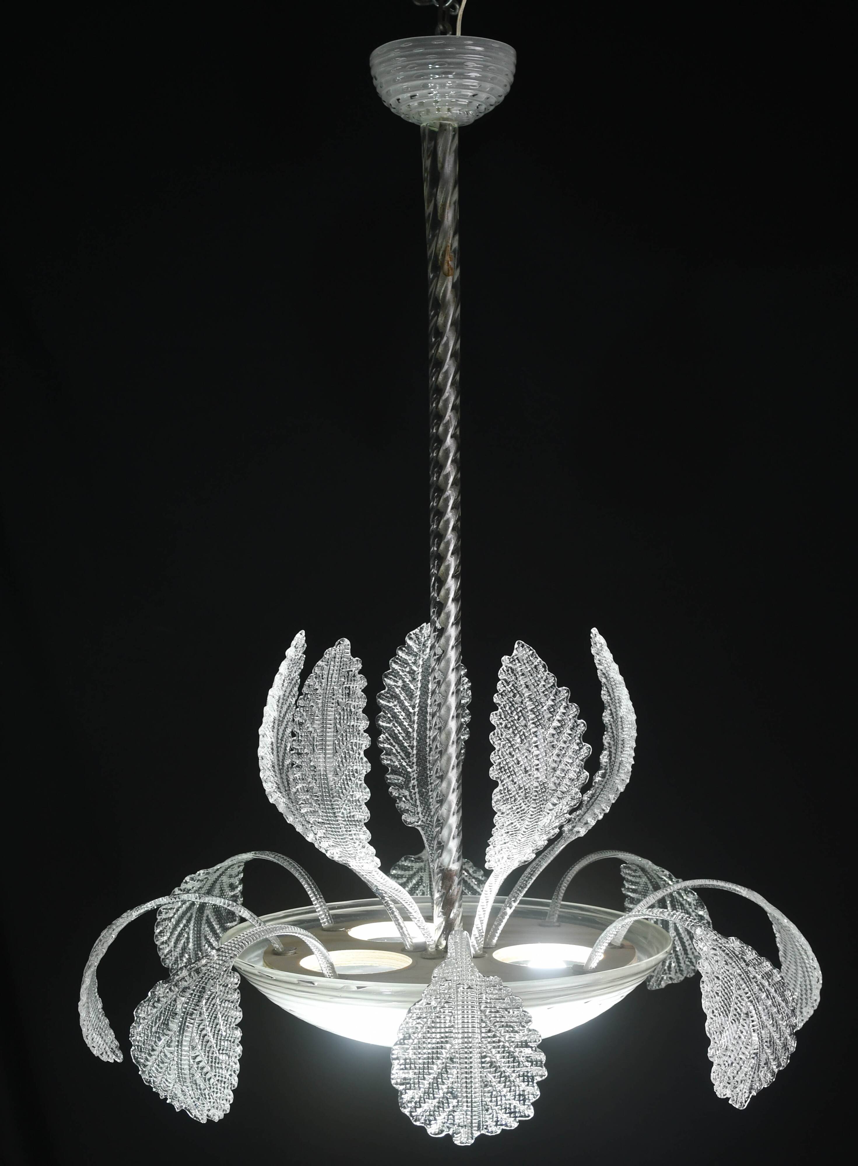 Art Deco Barovier e Toso Chandelier, Murano Glass, 1940s
