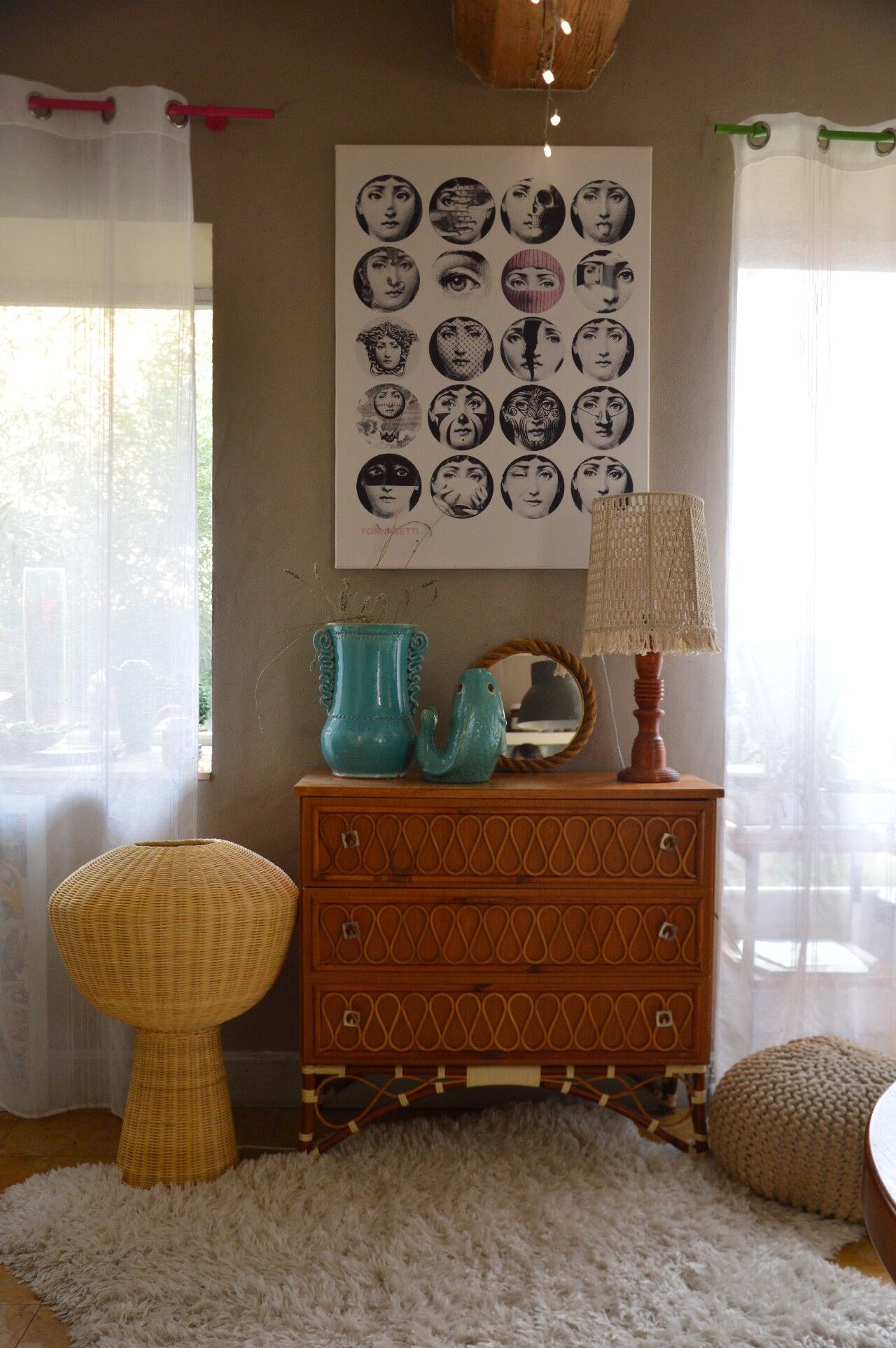 Lampe de table en macramé et bois des années 60