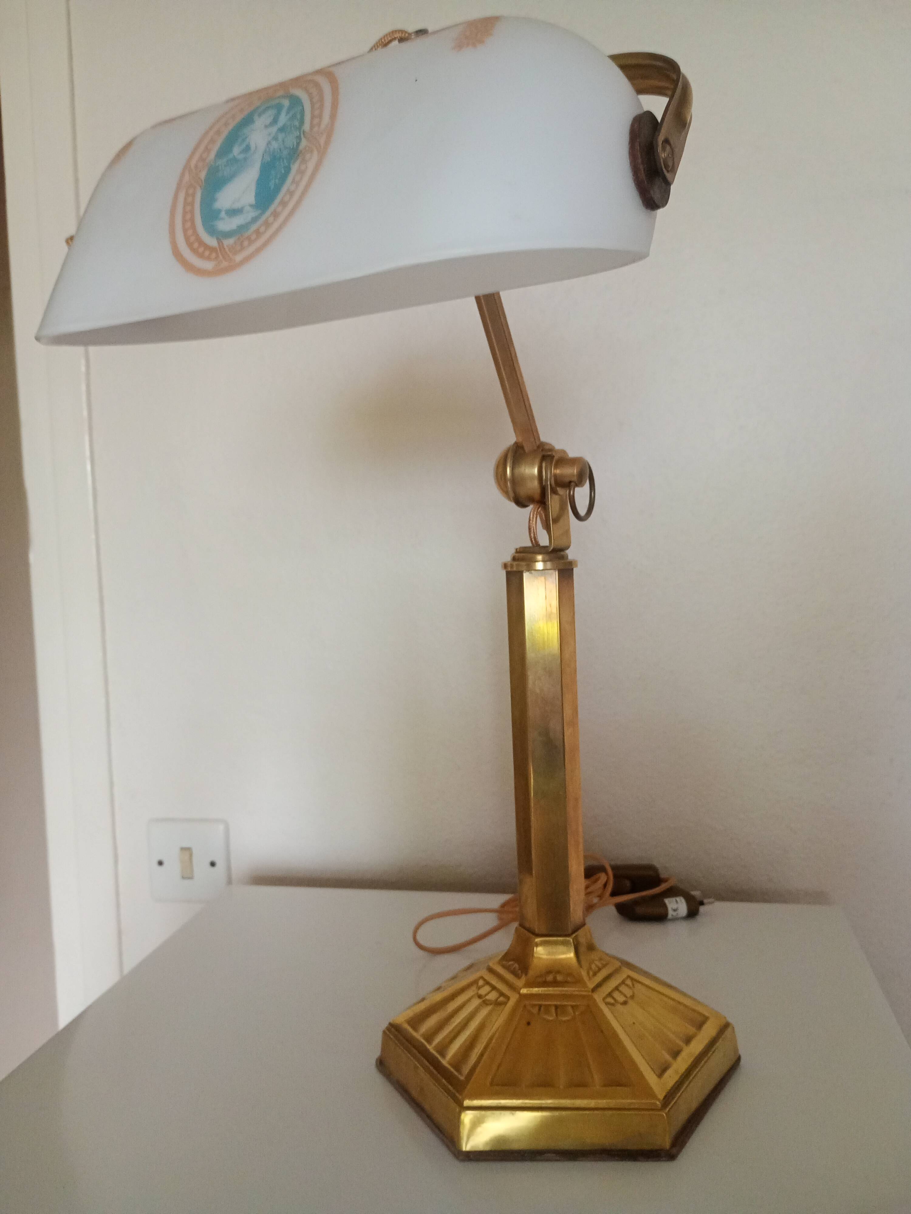Brass & Satin Opaline Desk Lamp, Woman with Antique Ribbon Bows