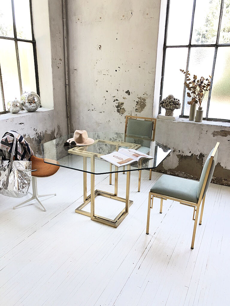 Italy octagonal table 70s glass and brass