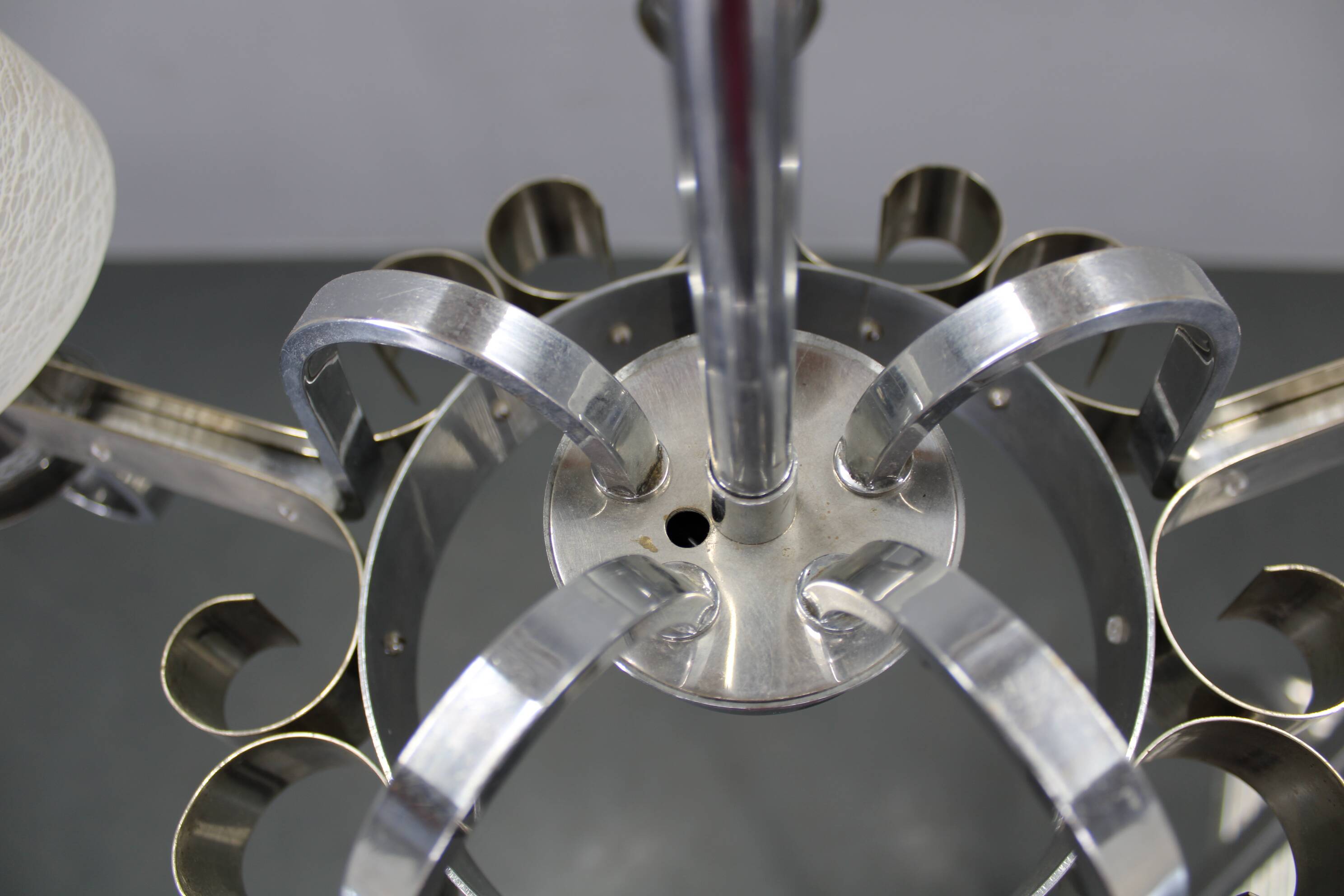 Art Deco nickel chandelier with textured glass, Czechoslovakia, 1930s