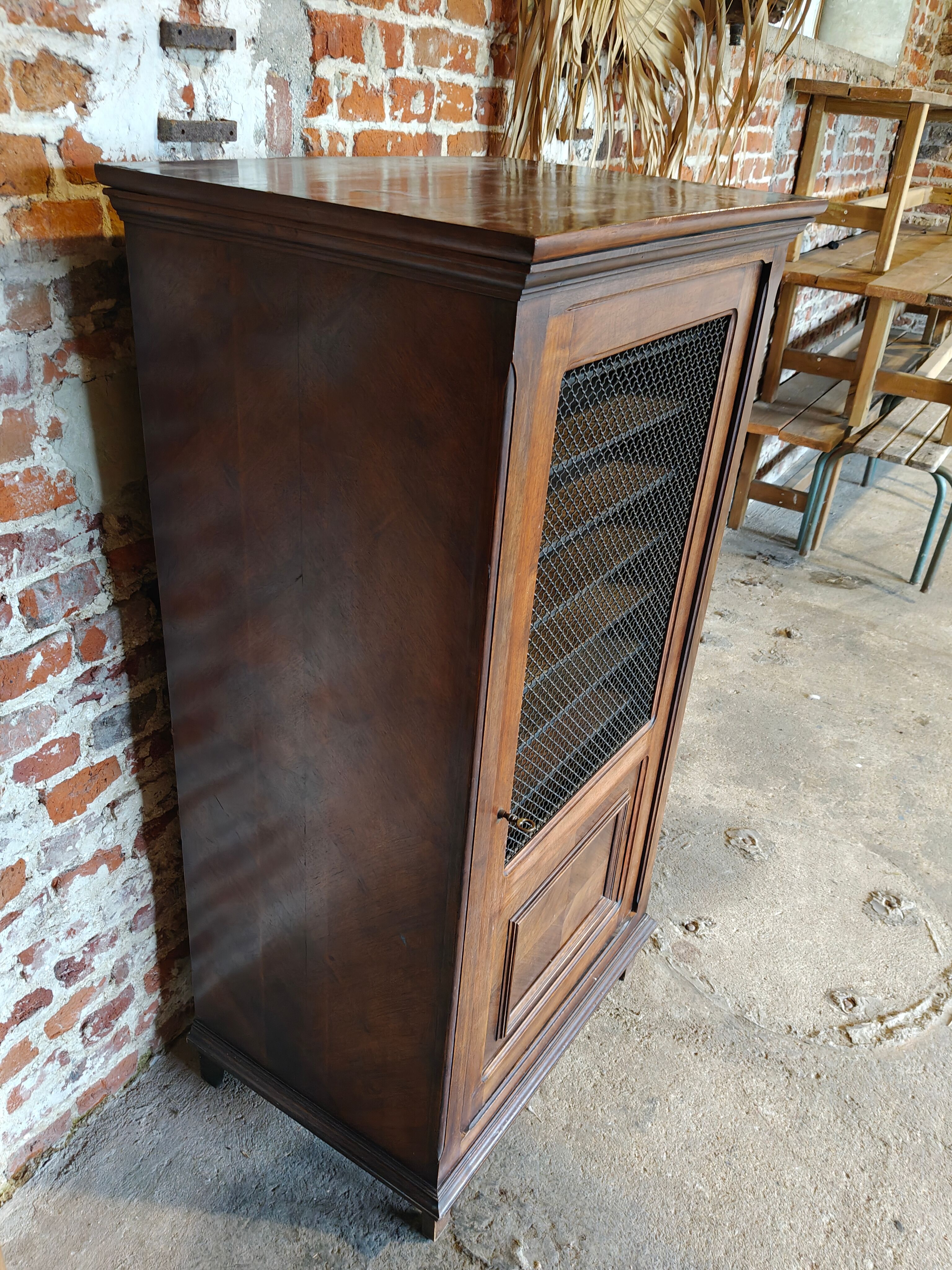 Antique printer's style wooden workshop furniture – mesh door
