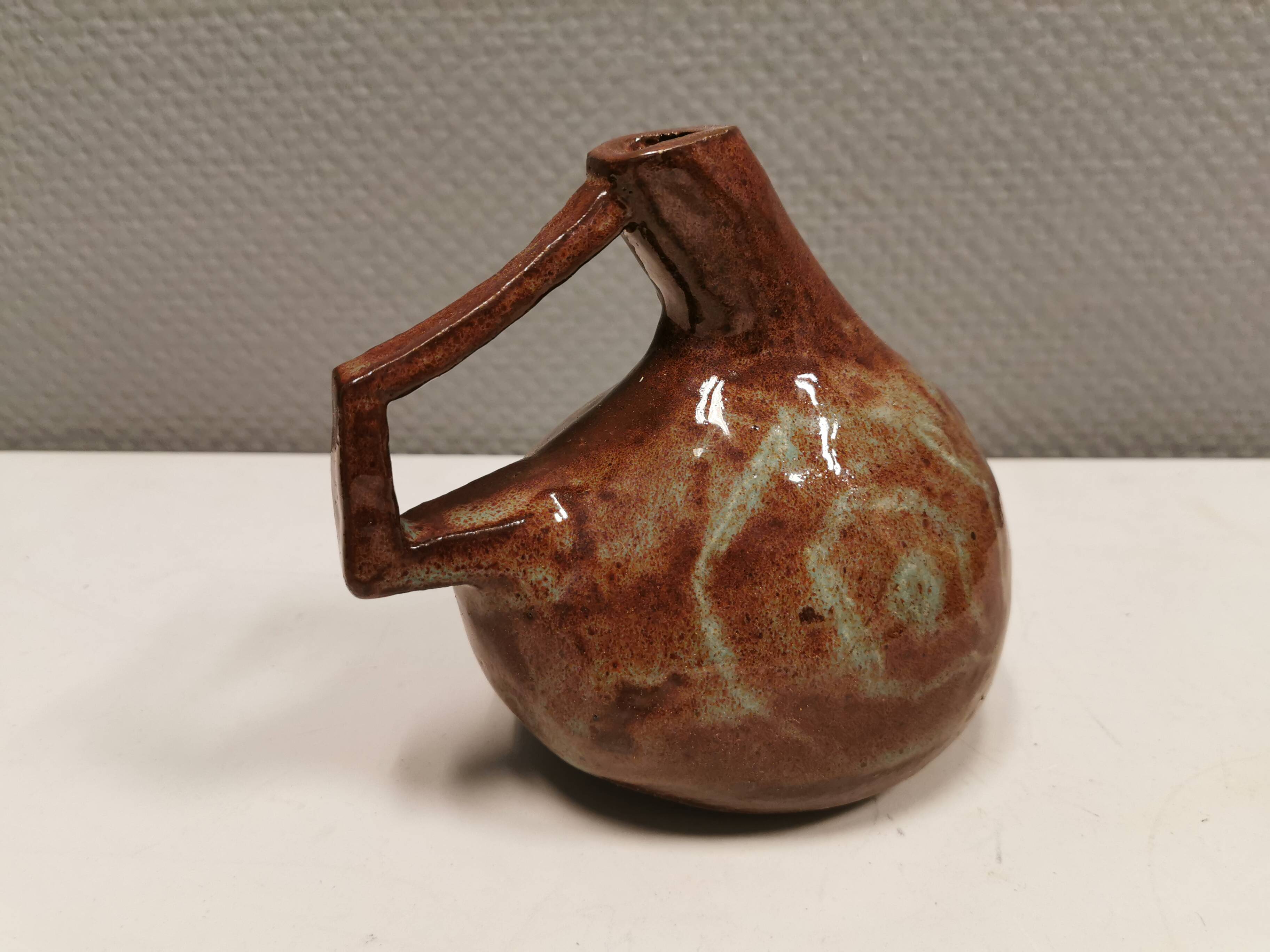 Ceramic jug/vase, Danish in beautiful earthy brown colours with light blue/green details.