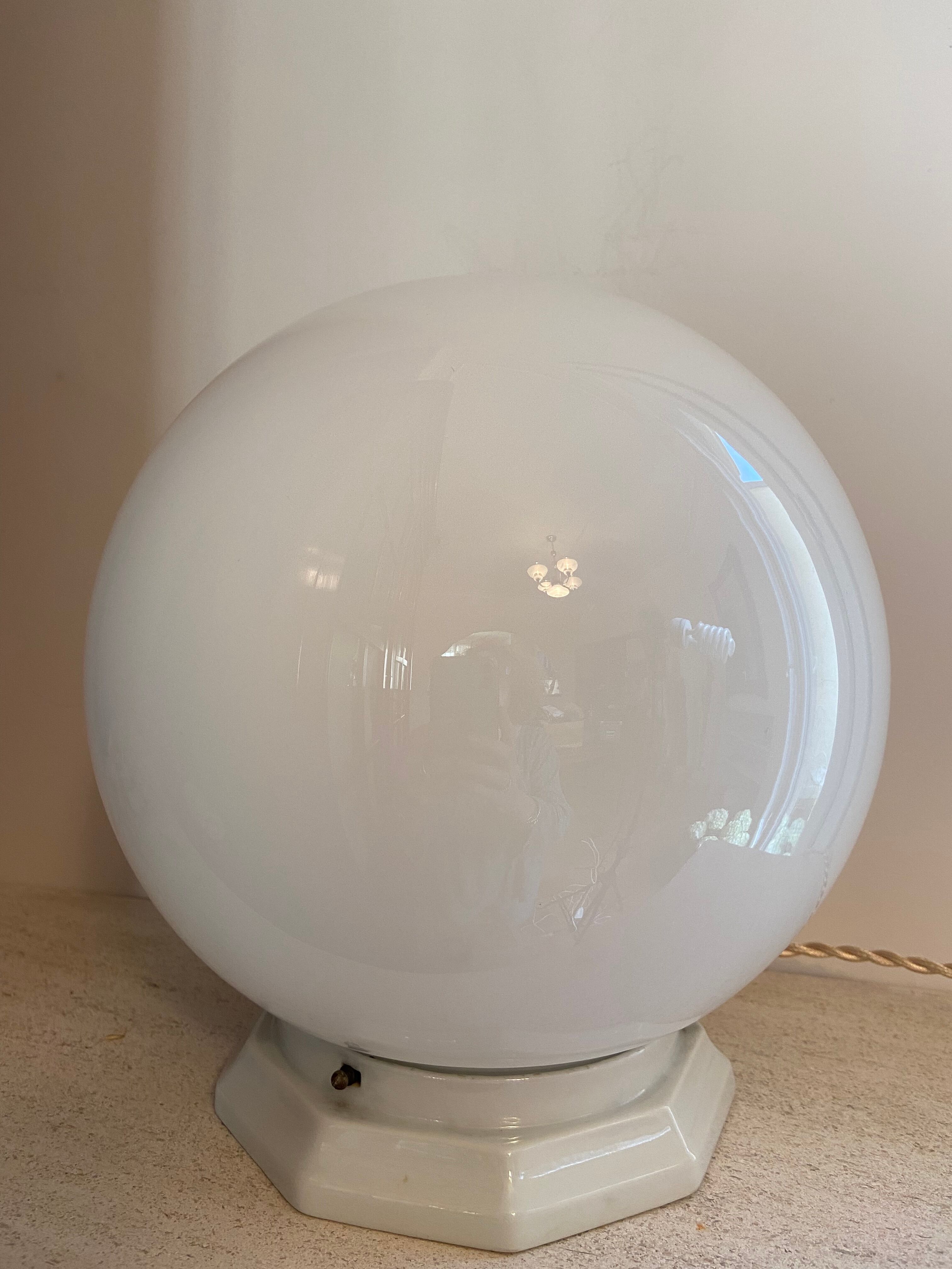 Vintage table lamp opaline ball and earthenware base