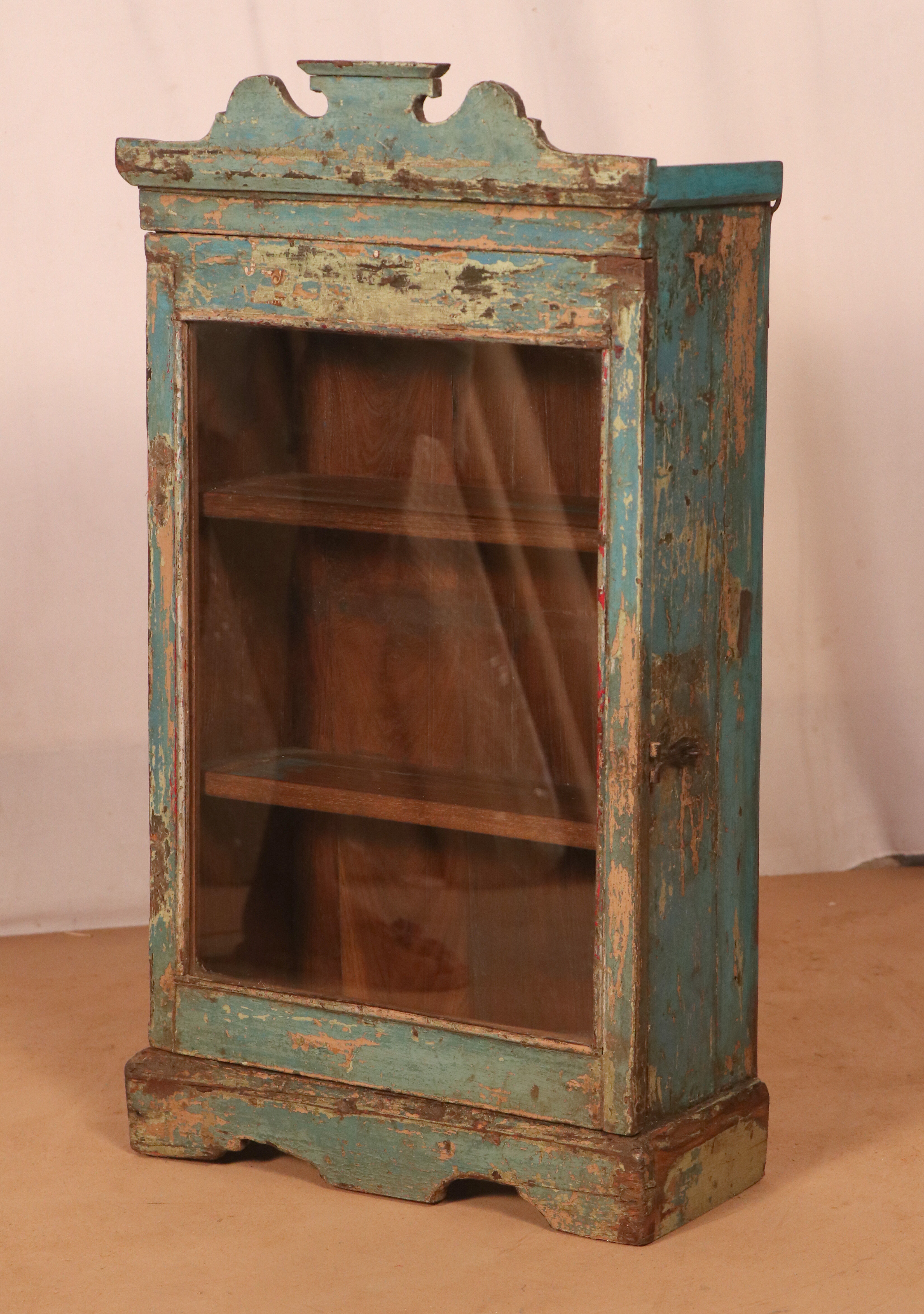 old Art Deco wall display case in original blue teak Burmese patina