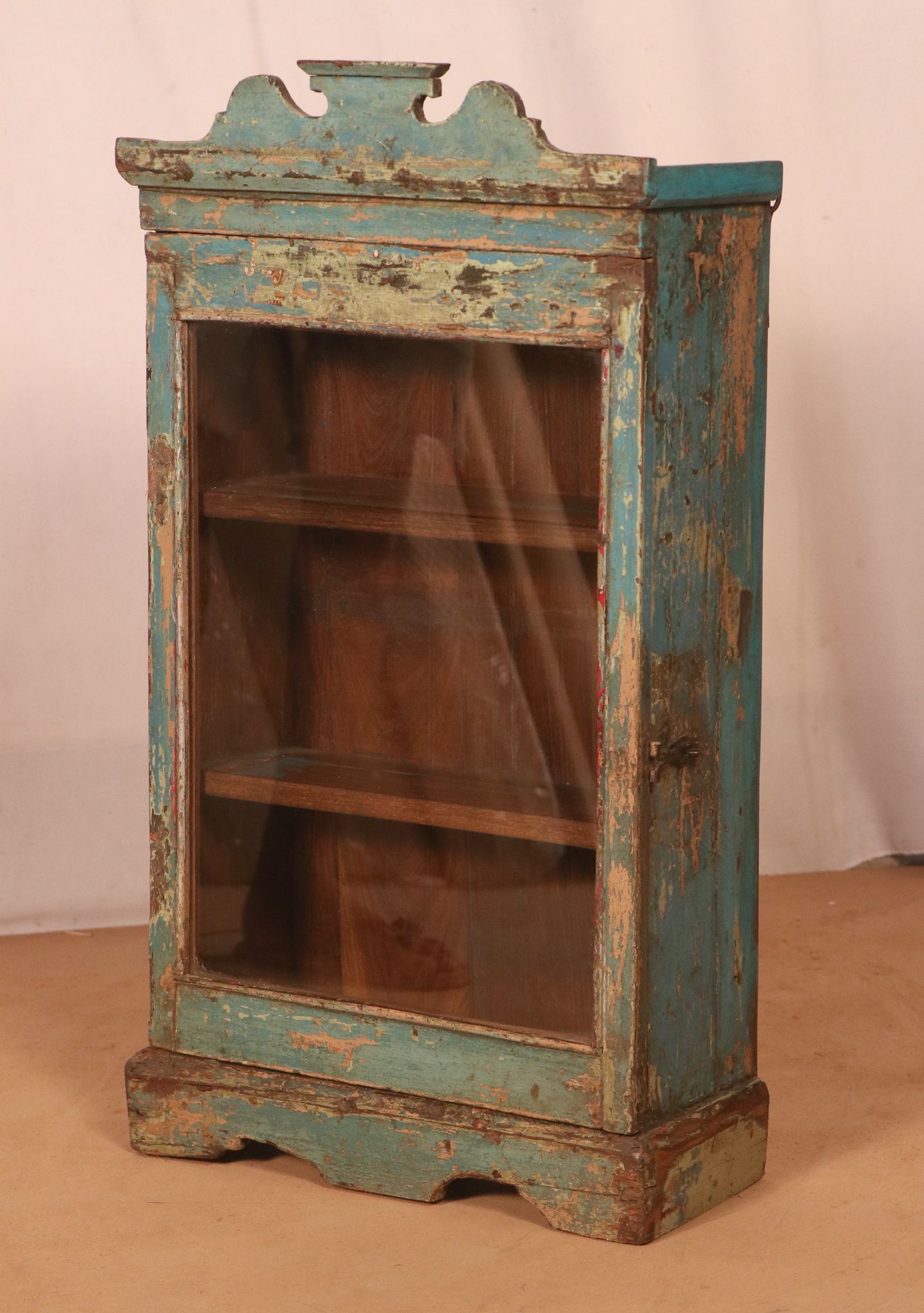 old Art Deco wall display case in original blue teak Burmese patina