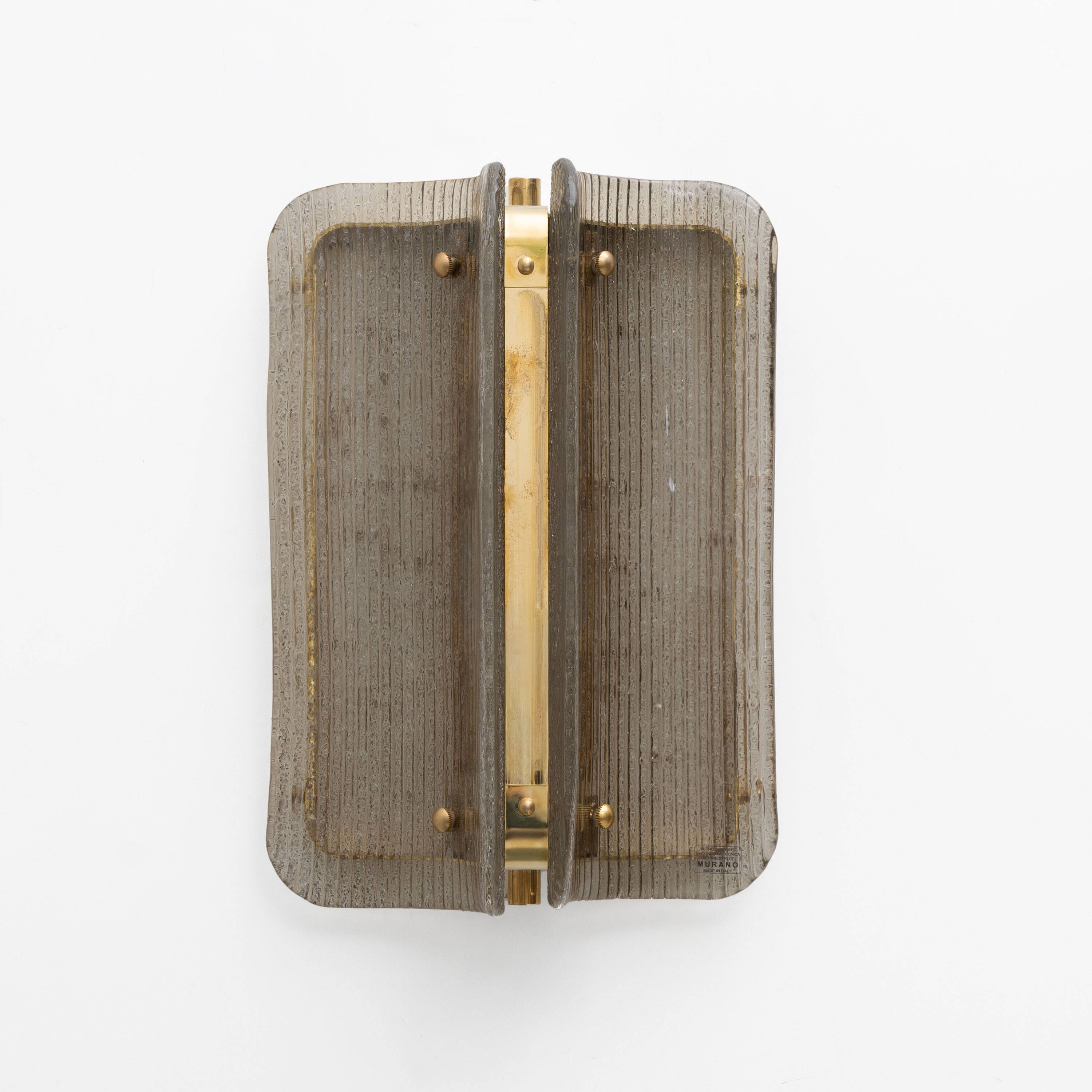 Pair of Curved Ribbed Grey Murano Glass and Brass Wall Sconces