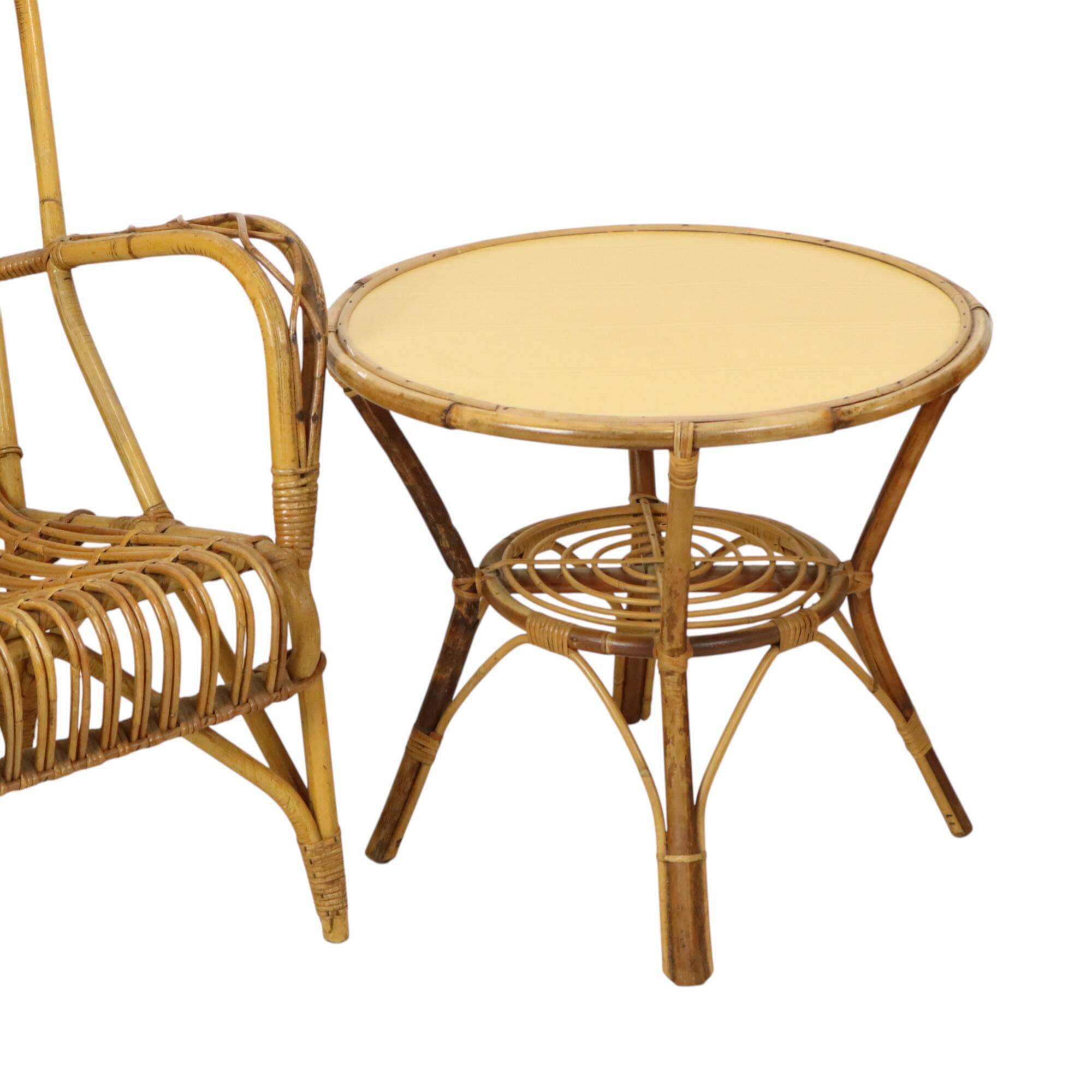 Vintage Set Rattan Chairs Armchairs Table Boho Design Sixties