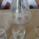 Decanter and 3 shot glasses sandblasted glass