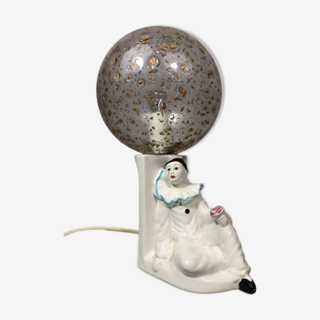 Lampe de chevet pierrot vintage années 70 porcelaine globe verre incrusté