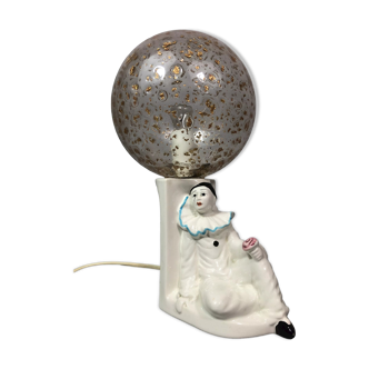 Lampe de chevet pierrot vintage années 70 porcelaine globe verre incrusté